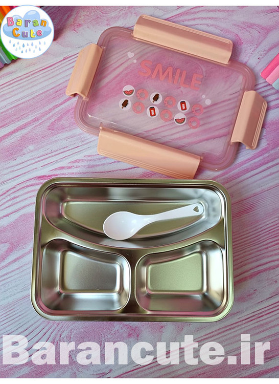 ظرف غذا 3 قسمته استیل طرح smile صورتی