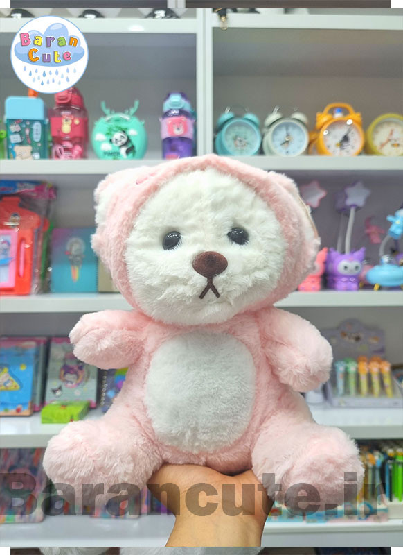 عروسک پولیشی وارداتی طرح خرس لباس صورتی