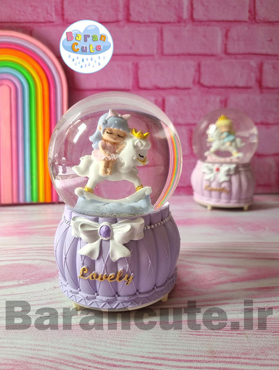 گوی موزیکال پمپی برفی چراغ دار سایز بزرگ طرح پرنسس یونیکورن سوار