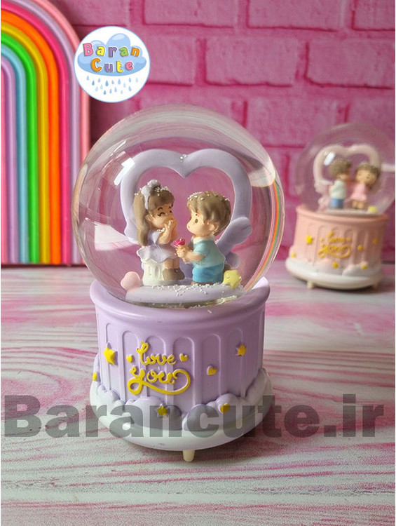 گوی موزیکال پمپی برفی چراغ دار سایز بزرگ طرح عاشقانه قلبی یاسی