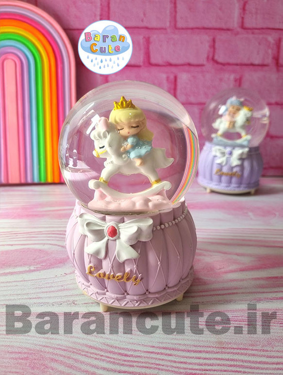 گوی موزیکال پمپی برفی چراغ دار سایز بزرگ طرح پرنسس یونیکورن سوار صورتی