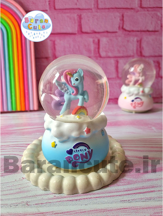 گوی موزیکال برفی چراغ دار (سایز متوسط) طرح پونی آبی