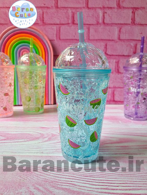 لیوان اسموتی نی دار یخ خشک دار الماسی طرح میوه