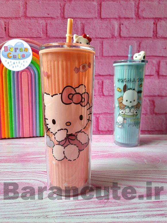 قمقمه و لیوان اسموتی نی دار عروسکی بلند طرح کیتی