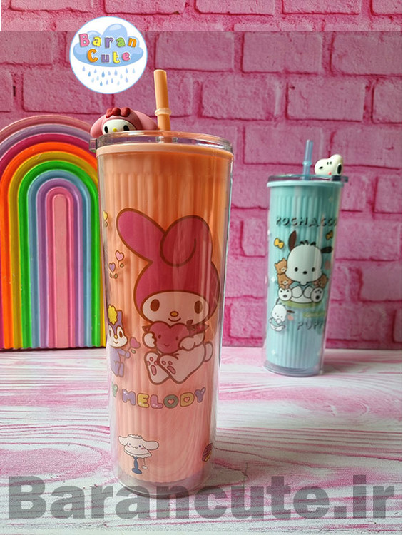 قمقمه و لیوان اسموتی نی دار عروسکی بلند طرح ملودی