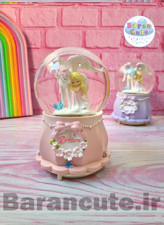 گوی موزیکال پمپی برفی چراغ دار سایز بزرگ طرح فرشته و اسب بالدار صورتی