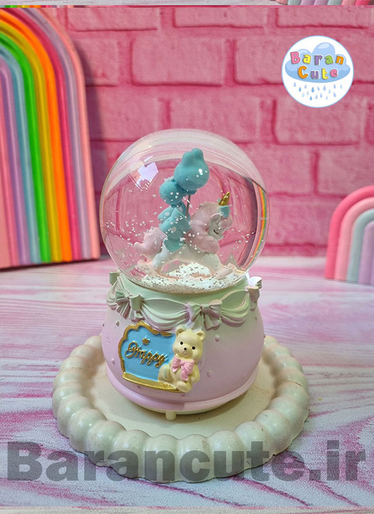 گوی موزیکال برفی چراغ دار (سایز متوسط) طرح یونیکورن و بادکنک آبی