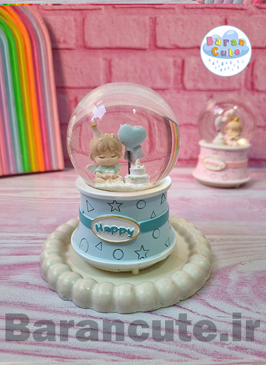 گوی موزیکال برفی چراغ دار (سایز متوسط) طرح تولد آبی