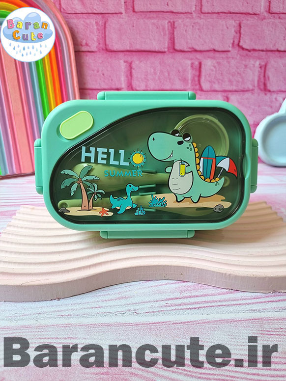 ظرف غذا پلاستیکی 2 طبقه به همراه قاشق و چنگال طرح دایناسور