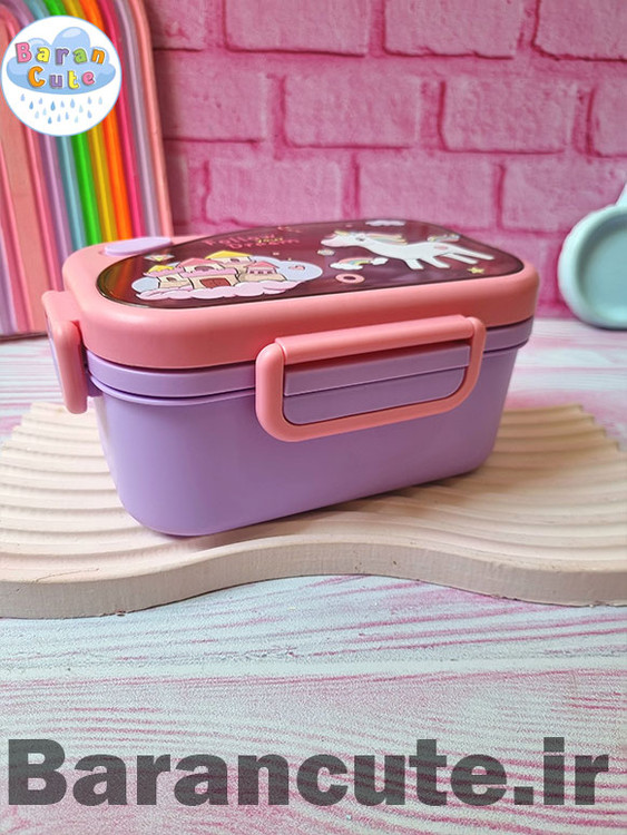 ظرف غذا پلاستیکی 2 طبقه به همراه قاشق و چنگال یونیکورن