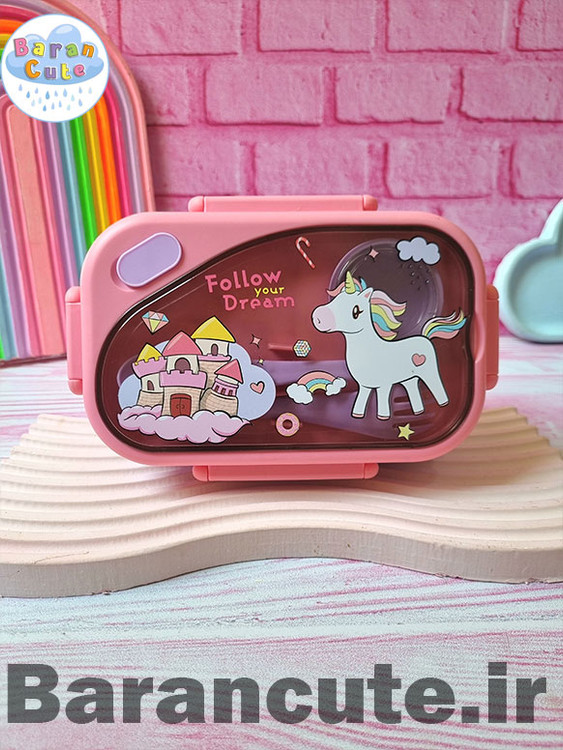 ظرف غذا پلاستیکی 2 طبقه به همراه قاشق و چنگال طرح یونیکورن