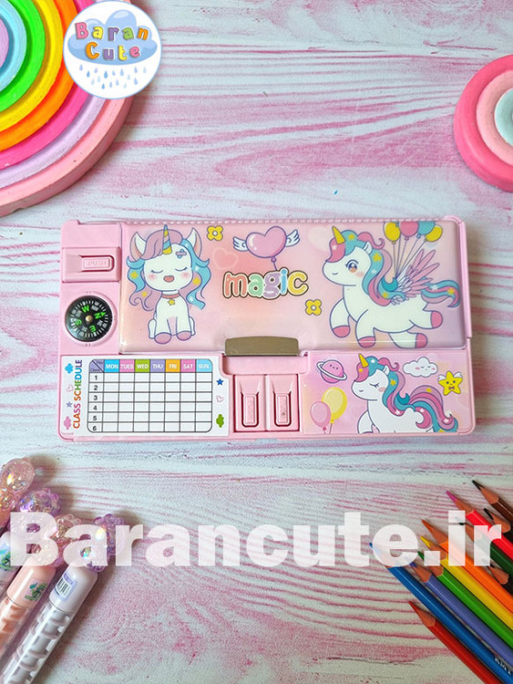 جامدادی کتابی مگنتی کشو دار به همراه وایت برد و قطب نما طرح یونیکورن