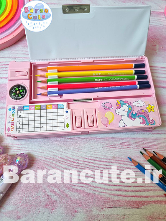 جامدادی کتابی مگنتی کشو دار همراه وایت برد و قطب نما طرح یونیکورن