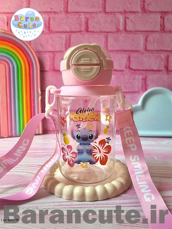 قمقمه فانتزی وارداتی دو حالته نی دار و لب نوش طرح استیج صورتی