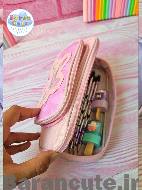 جامدادی وارداتی دو زیپ پروانه صورتی پاستیلی