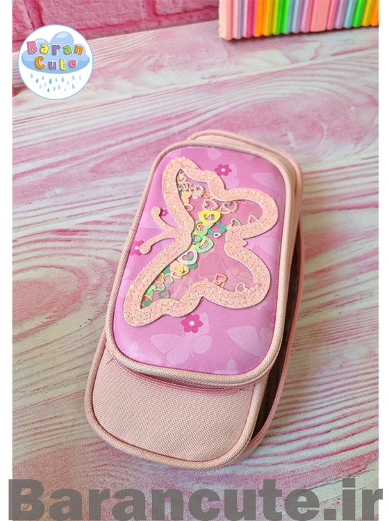 جامدادی وارداتی دو زیپ پروانه صورتی پاستیلی